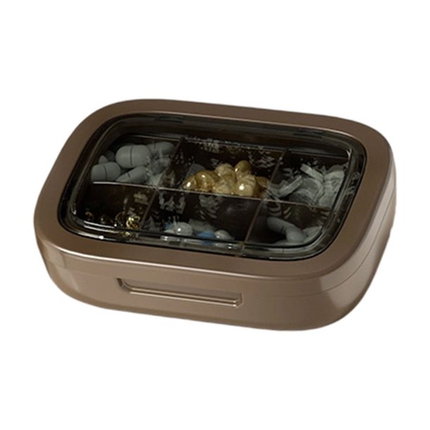 Caja de almacenamiento portátil de plástico, mini organizador de viaje para uso doméstico, compartimento compacto con tapa sellada, color beige, blanco, marrón y verde, apto para uso alimentario.