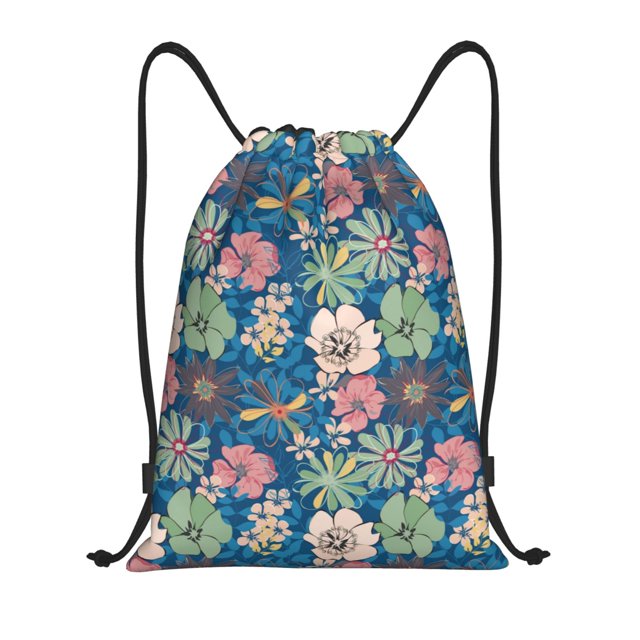 Xecao Colorful Flowers Pattern Sports Drawstring Backpack - String Swim Gym Bag with Wet Proof Pocket for Women&Men-Small