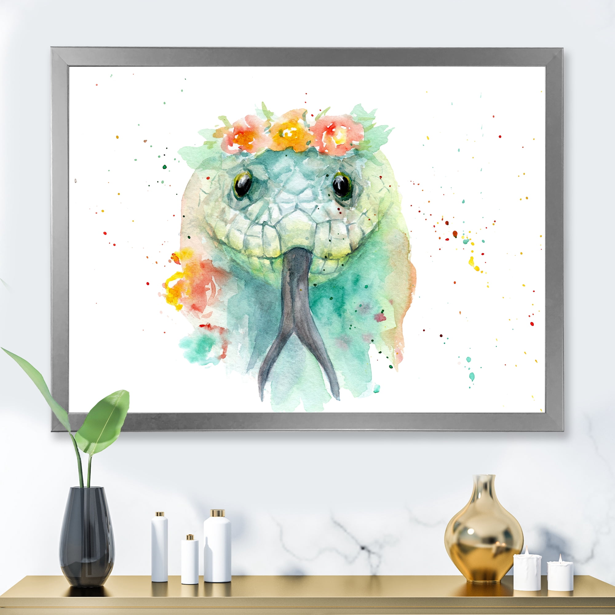 Designart 'Portrait A Green Snake In Flowers' Farmhouse Framed Art Print