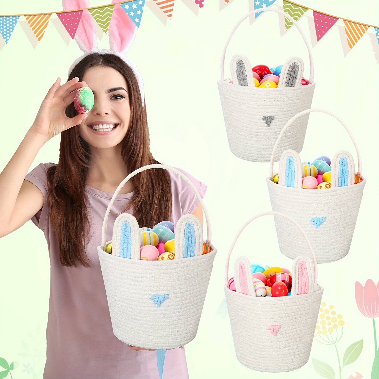 3Pcs Cute Easter Basket, Easter Bunny Basket Woven Rope 7.9 inch White Shelf Storage, Bunny Easter Basket for Egg Hunt Party Favors Spring Holiday Gifts and Home Decoration