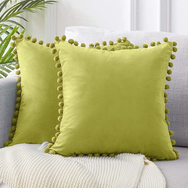 Decorative Throw Pillow Covers with Pom Poms Soft Particles Velvet Solid Cushion Covers 24 X 24 for Couch Bedroom Car,Set of 2,Grass Green