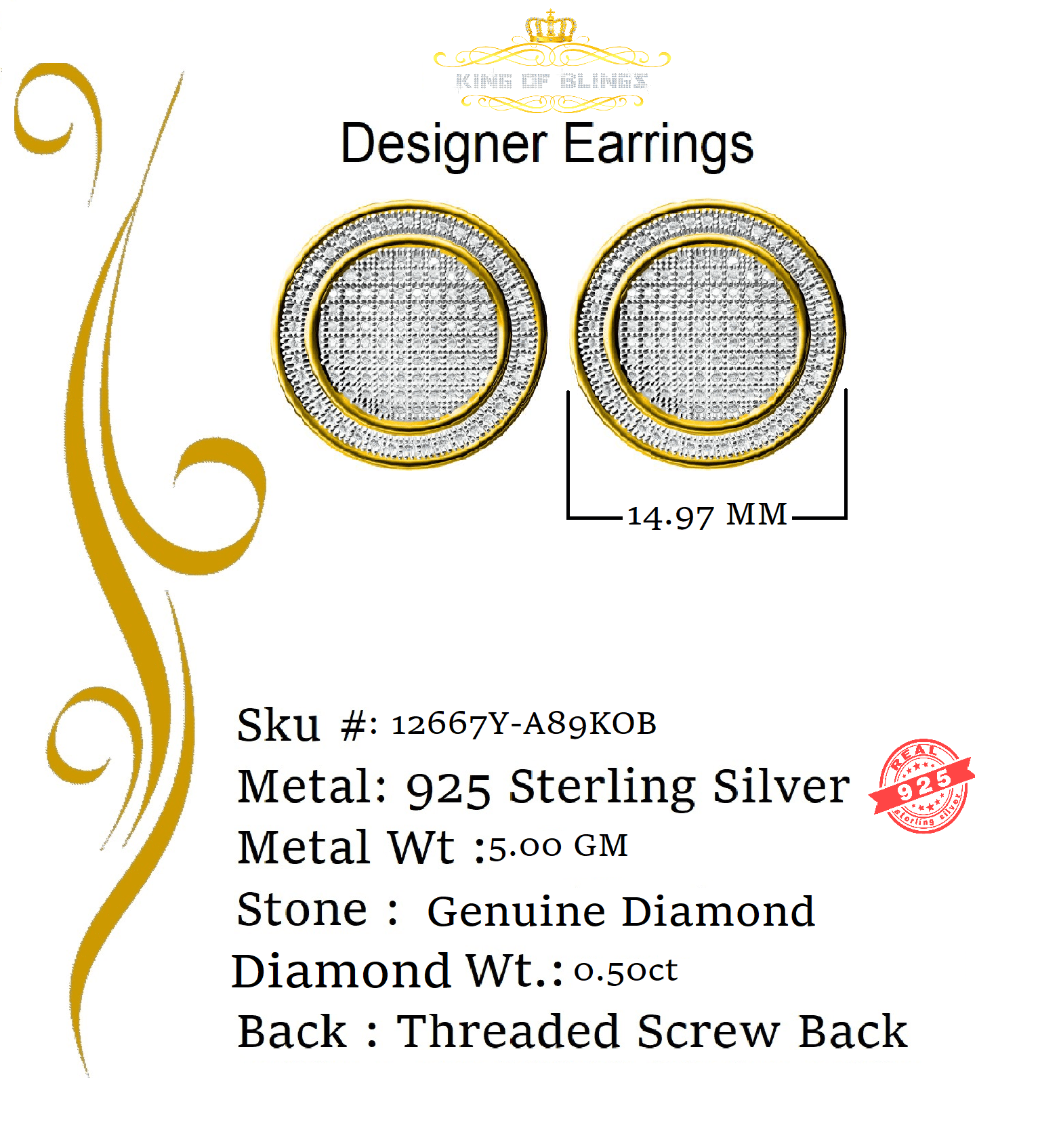 King of Bling's 925 Sterling Silver Yellow Hip Hop 0.50ct Diamond Men's/ Women's Stud Earrings