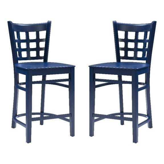 Linon Flint Lattice Back Counter Stools Set of 2 in Glossy Navy Beechwood