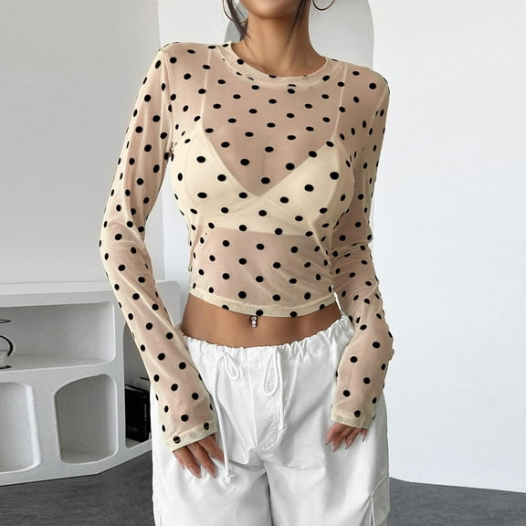 Kilaqueen Women's Polka Dots Sheer Mesh Long Sleeve Tops Sexy Slim Fit Crewneck See Through Going Out T Shirts Streetwear Clubwear