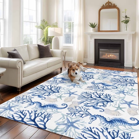 6 x9 Area Rugs Blue Coral Indoor Outdoor Area Rug for Living Room Bedroom Coastal Ocean Seahorse Starfish Sea Washable Bathroom Rugs Kitchen Floor Carpet Mats Home Decor Aesthetic