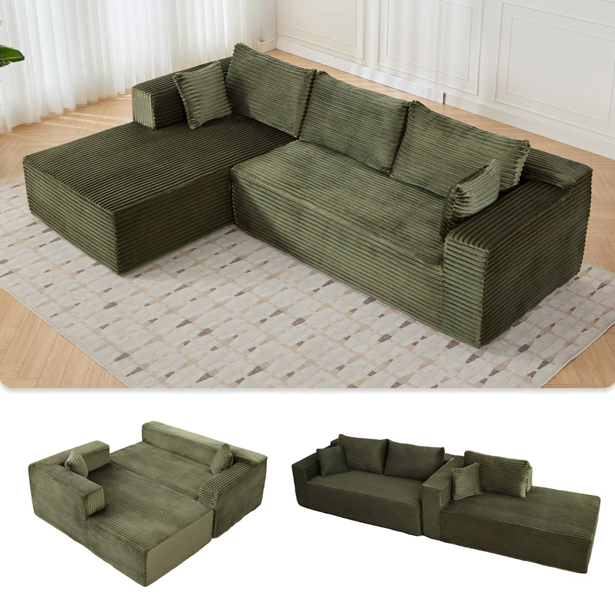 110" Cloud Sectional Couch with Chaise,Modern L-Shape Modular Sofa Corduroy Sleeper Couches for Living Room, Green