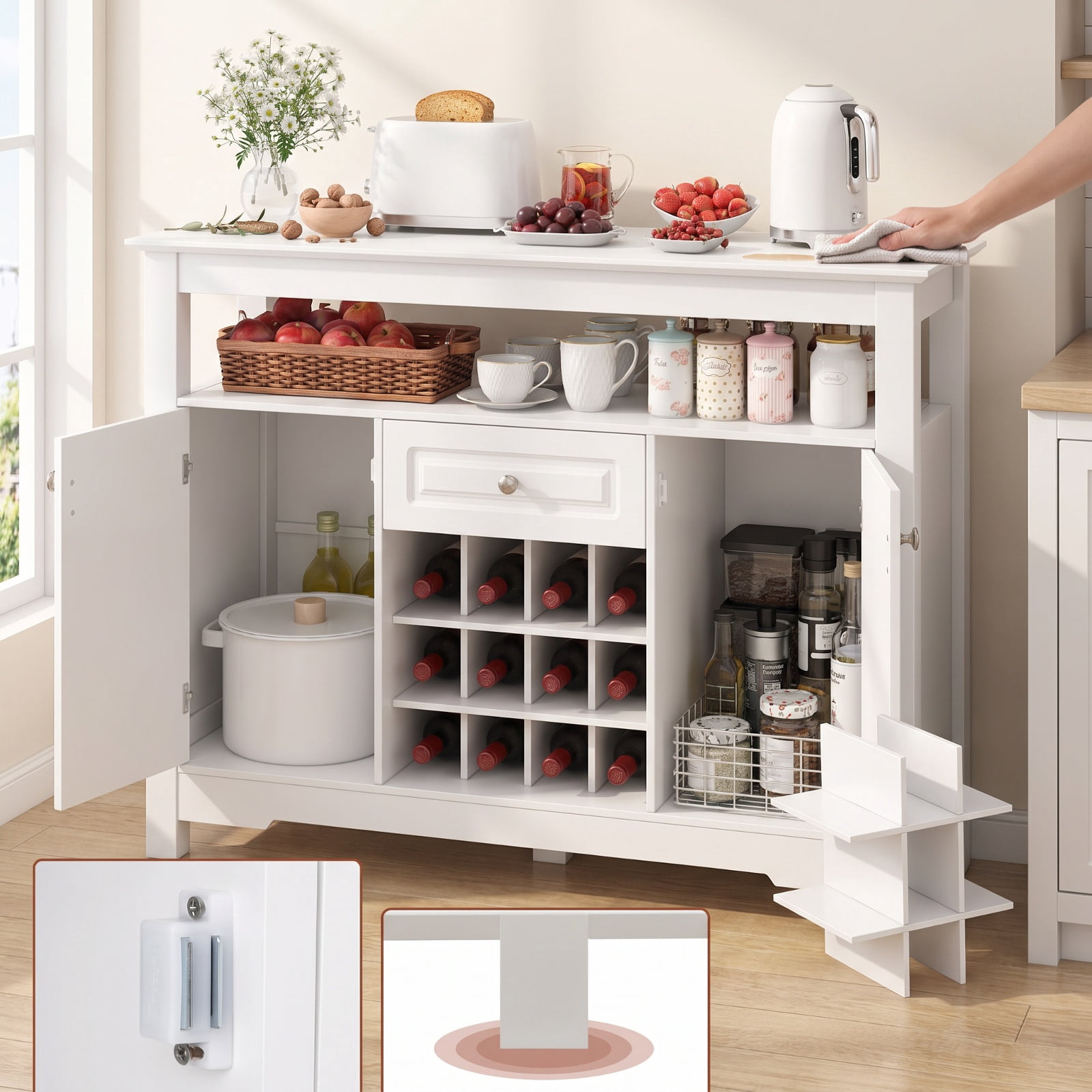 Furnibear Buffet Sideboard Wine Liquor Coffee Bar Cabinet with Removable Wine Rack for Kitchen Dining Living Room Buffet Storage Server, White