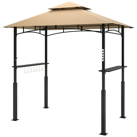 SSLZ 8' x 5' Outdoor Grill Gazebo, Barbecue Gazebo Shelter with LED Light, 2 Side Shelves, Hooks, Bottle Opener, Dark Brown