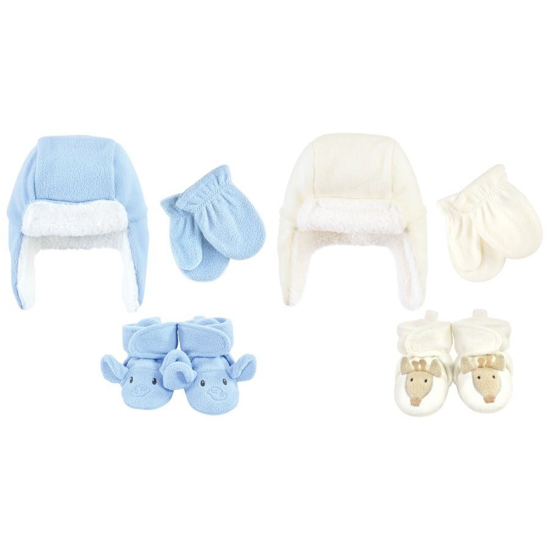 Hudson Baby Toddler 6pc Trapper Hat, Mitten and Bootie Set, Blue Elephant Giraffe, 12-18 Months