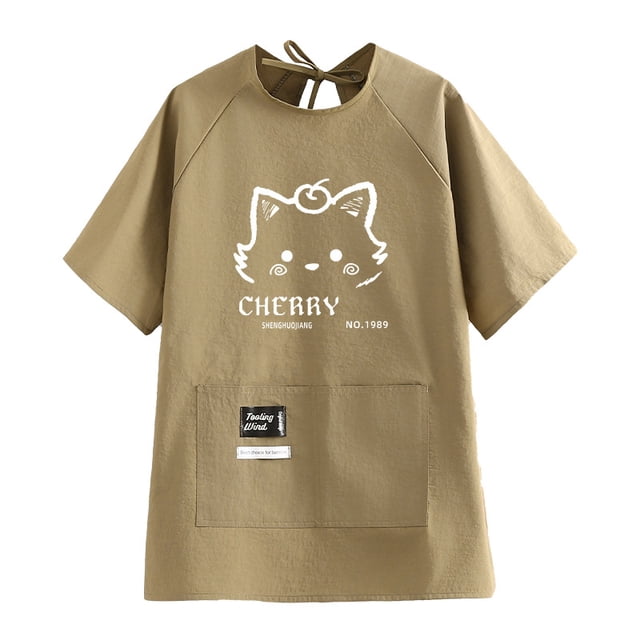Delantal impermeable de manga corta para mujer, estampado de gato cerezo con dibujos animados