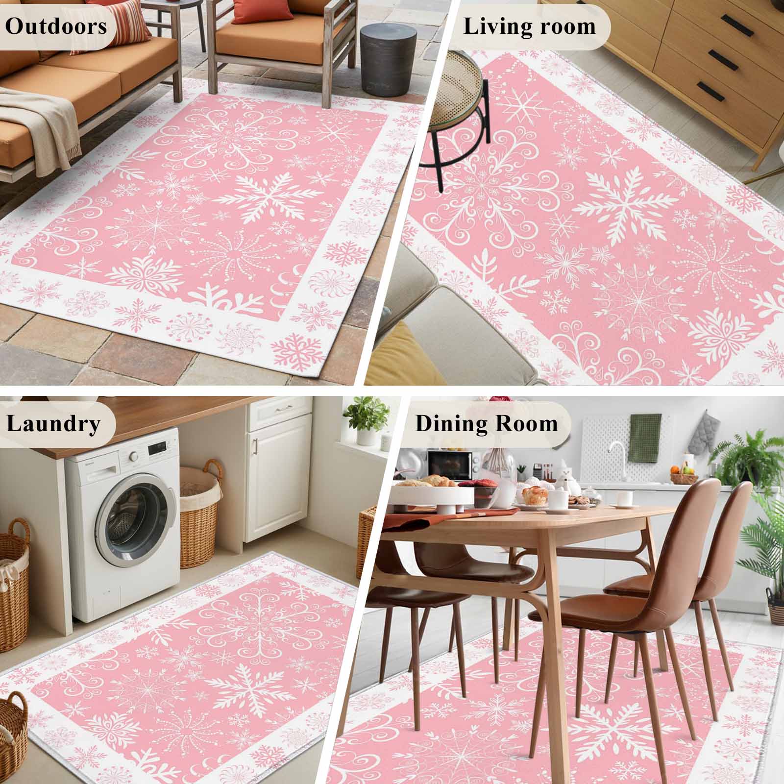 Snowflakes Christmas Area Rug 3x5 Washable Rug Non Slip Pink Xmas Winter Vintage Large Area Rug Indoor Floor Carpet for Entryway Bedroom Kitchen Living Room Home Office Dining Room Nursery
