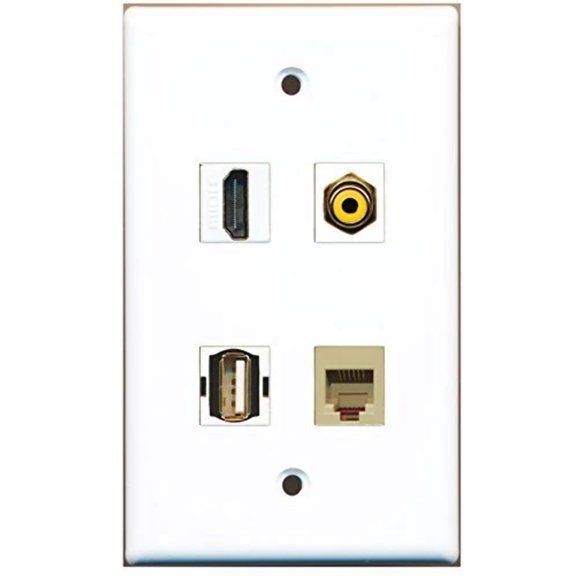 RiteAV - 1 Port HDMI 1 Port RCA Yellow 1 Port USB A-A 1 Port Phone RJ11 RJ12 Beige Wall Plate