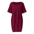 thumbnail image 4 of B91xZ Robes Printemps Été Femmes Manches Courtes Col Rond Robe Tunique Plissée Longueur Genou, Rouge G, 4 of 5