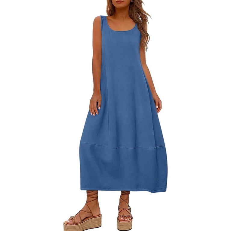 Enridrech Women's Sleeveless Maxi Dress Casual Loose Summer Crew Neck Tank  Dresses Beach Vacation Sundress with Pockets - Walmart.com