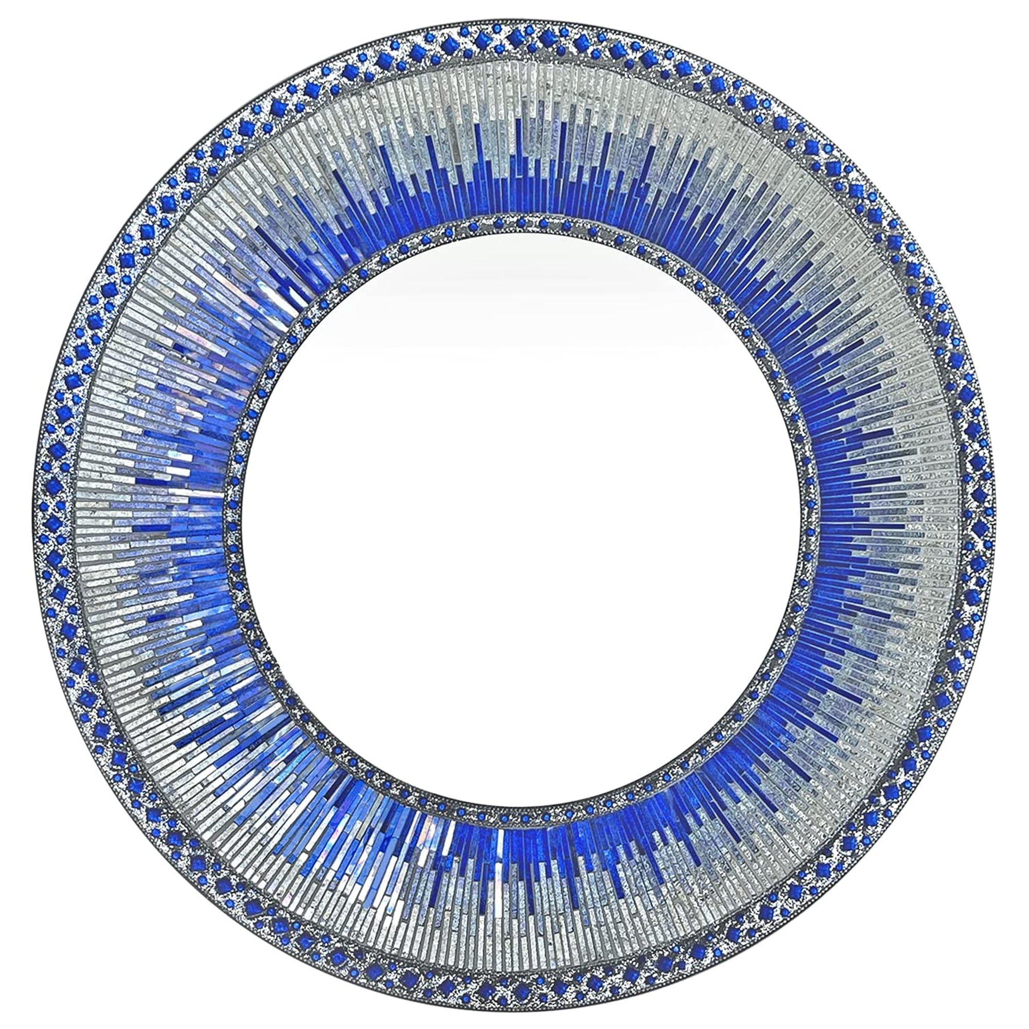 DecorShore 24 inch Decorative Round Glass Mosaic Wall Mirror in Shades of Cobalt Blue and Silver