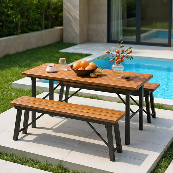 GVN Outdoor Dining Table and Bench Set with Acacia Wood Top for Yard Garden Poolside, Patio Seating Conversation Set, Modern Patio Chair Sectional All Weather Proof for Patio Back Deck