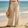 thumbnail image 5 of CBASIHI Womens Cotton Wide Leg Pants with Pockets- Casual Elegant Summer Vacation Beach Drawstring Elastic Waist Flowy Palazzo Pants Khaki Size S-3XL, 5 of 8
