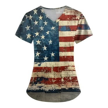 RPVATI 4Th of July Scrubs for Women Independence Day Patriotic American Flag Pattern Scrub Tops Stretchy Summer V Neck Short Sleeve Working Uniform Nursing Top with Pockets Cute Trendy Pullover