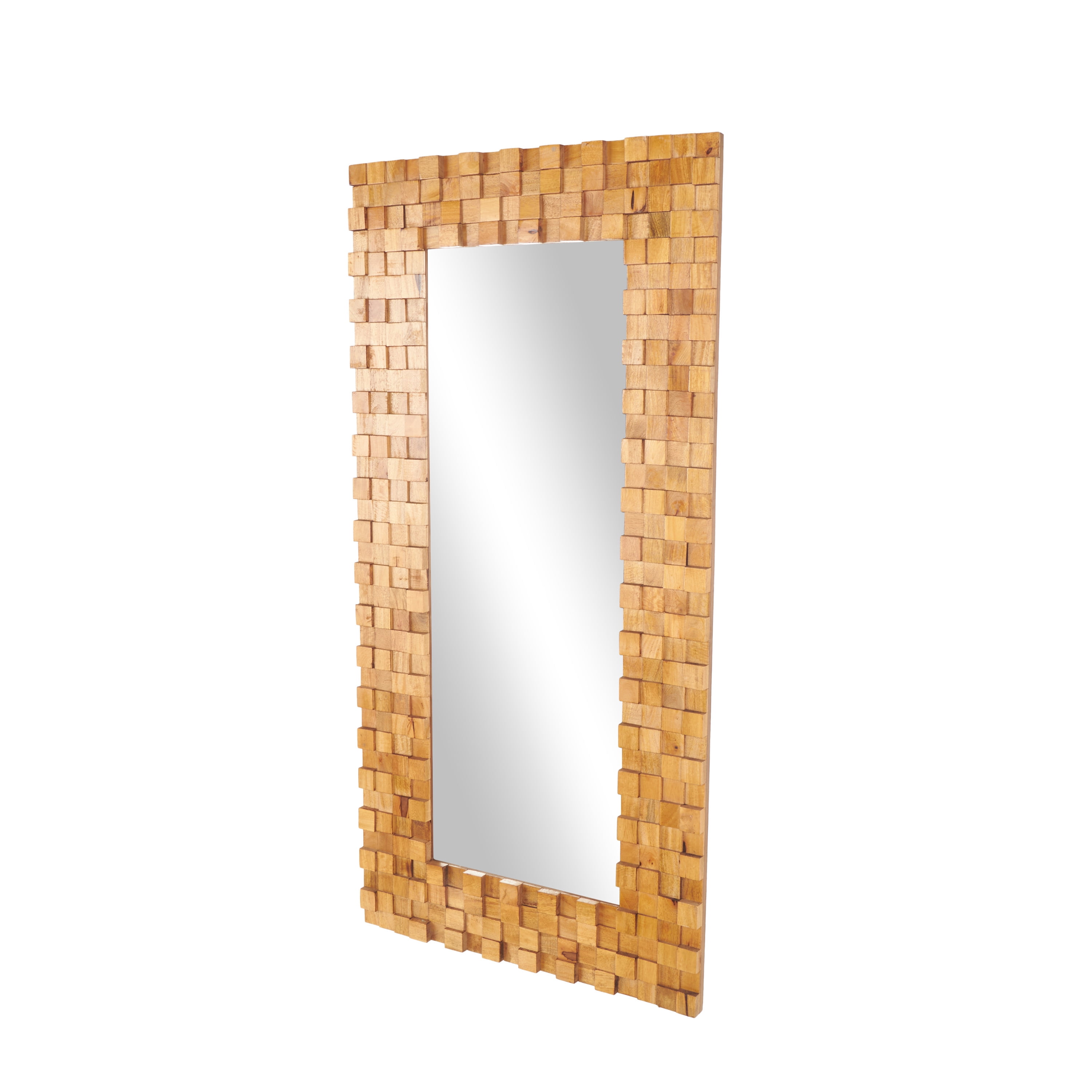 DecMode 36" x 72" Brown Mango Wood Geometric Handmade Dimensional Square Mosaic Floor Mirror with Natural Wood Grain Patterns