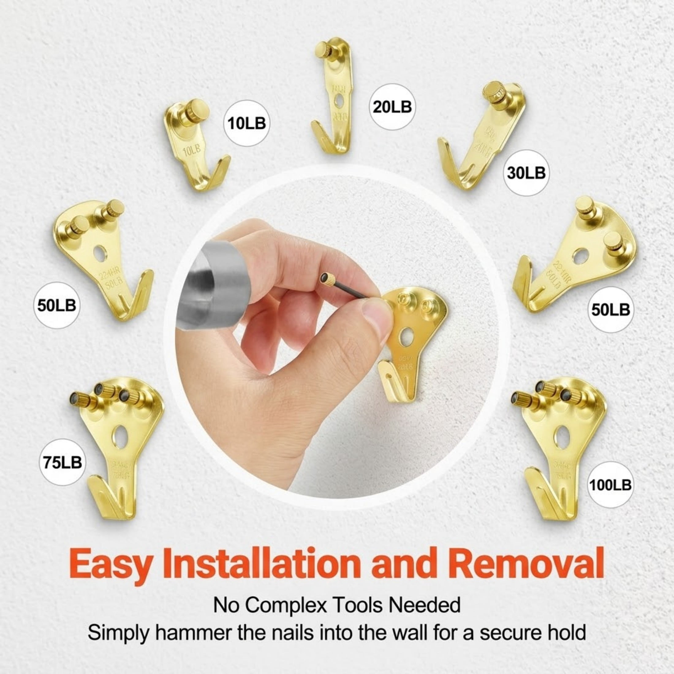 130-Piece Picture Hanging Kit, 10lb to 100lb Heavy Duty Metal Hooks with Nails, Gold
