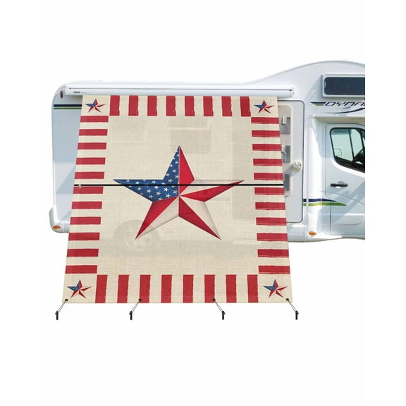 4th of July RV Awning Sun Shade Screen 9'X7' Patriotic Stars Mesh Sunscreen American Flag Red Stripes Vintage Awning Shade Screen with Zipper UV Blocker Completed Kits for RV Motorhome Camper