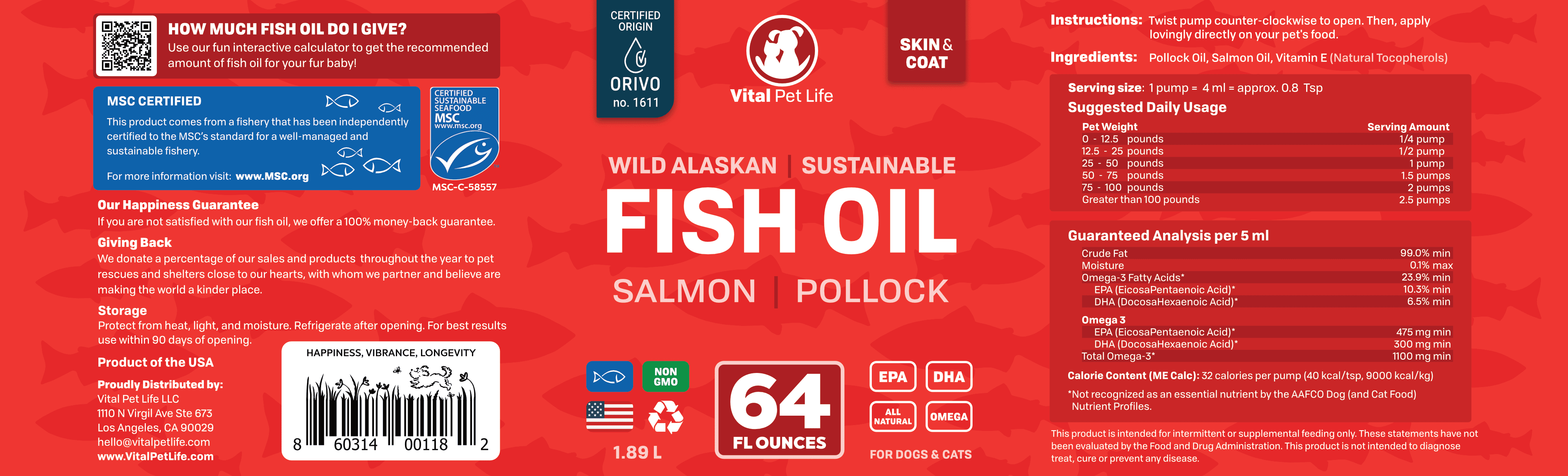 Vital Pet Life Fish Oil for Dogs & Cats for Skin, Coat & Joint Support, Omega 3 Salmon & Pollock Oil, 64 oz