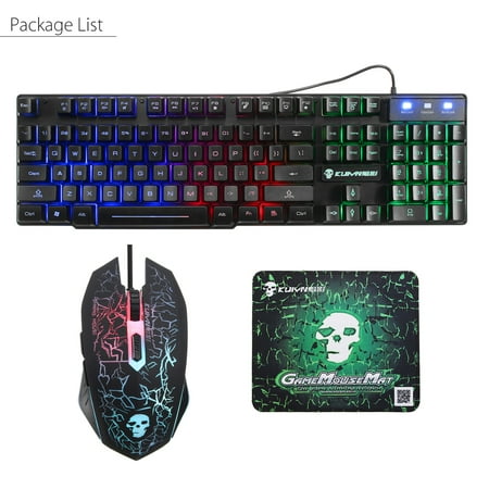 Grtxinshu USB Wired Rainbow Backlight Ergonomic Gaming Keyboard Kit with Mouse Combo + Mouse