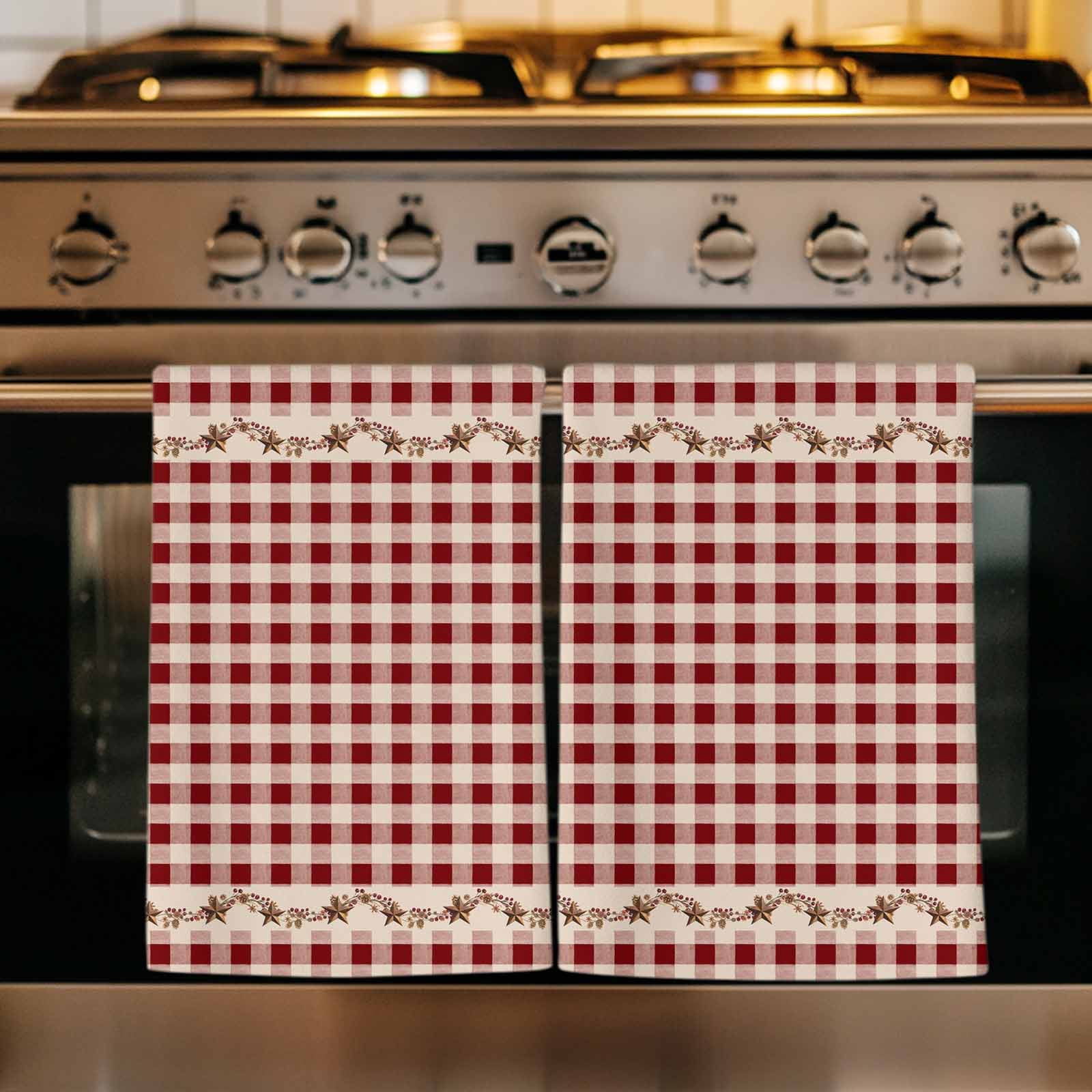 Dish Towels, Barn Stars Rustic Absorbent Kitchen Towels 2 PCS, Vintage Country Red Plaid Microfiber Hand Towels Dish Cloths Tea Towels for Home&nbsp;Bathroom Cleaning Drying,18X28-Inch,