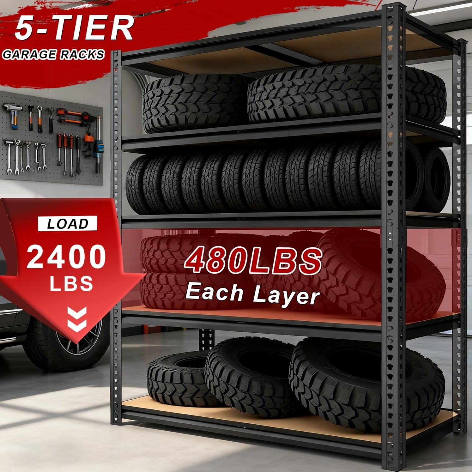 Heavy Duty 5-Tier Extra Wide Metal Storage Shelving Unit, 2400 lbs Capacity Garage Rack, 72"H x 40"W x 20"D