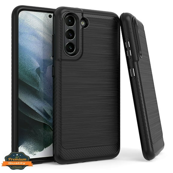 Xpression Case for Samsung Galaxy S21 FE /Fan Edition Armor Brushed Texture Rugged Carbon Fiber Design Dual Layers Hard PC   TPU Protective Phone Cover [Black]