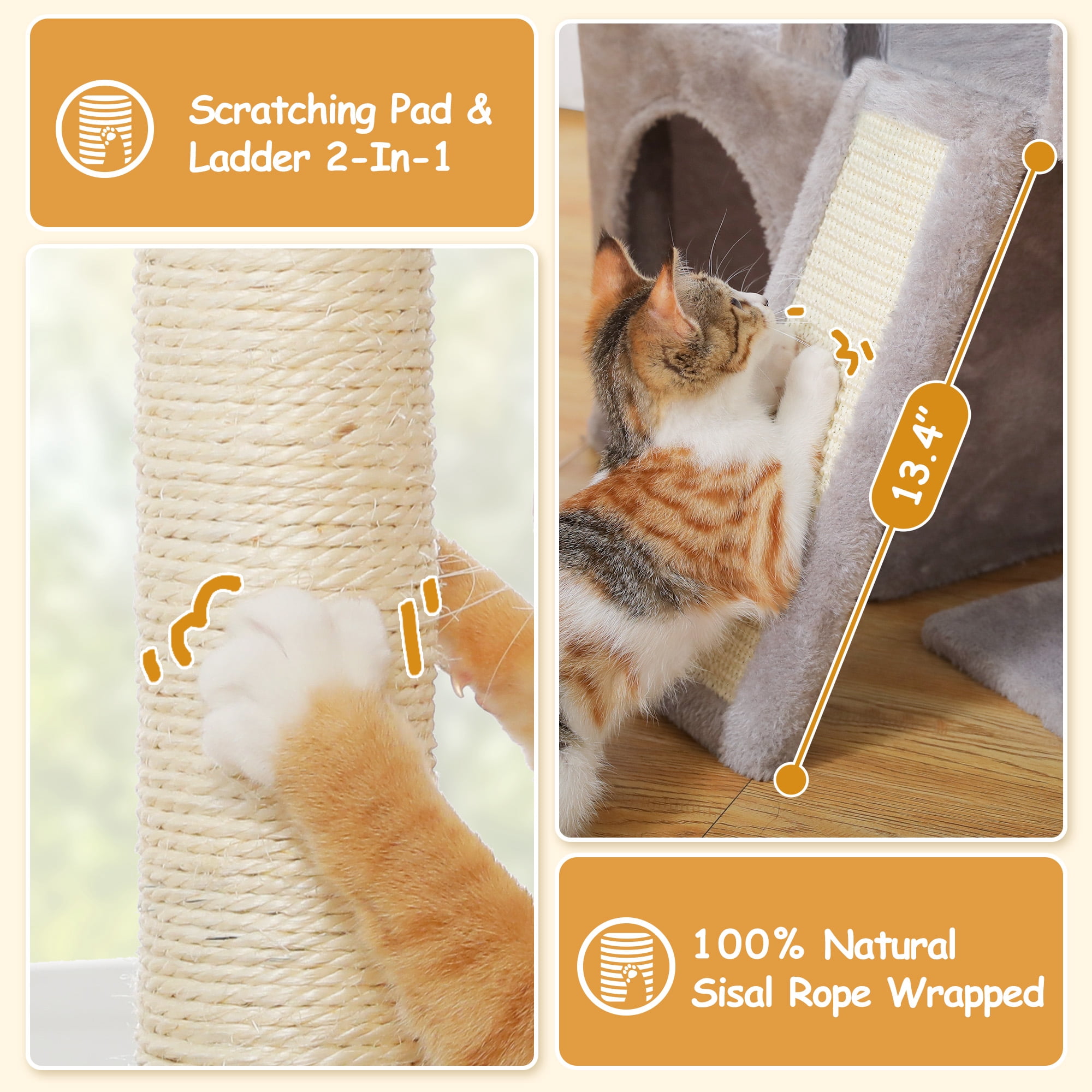 PAWZ Road 41" Cat Tree Condo with Hamock, Cat Scratcing Post Tower Ramp for Indoor Cats, Gray