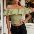 thumbnail image 5 of LEKWK Off the Shoulder Tops for Women Ruffle Short Sleeve Smocked Peasant Blouses Slim Fit Going Out Crop Tops Summer Fashion Beach Vacation Daily Outfits, 5 of 7