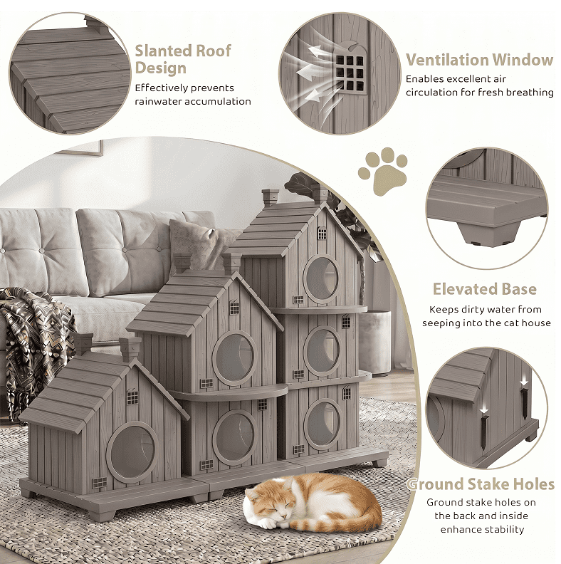 Fazzn Outdoor Cat House with Porch: Weatherproof Insulated Shelter for Cats, Kittens, and Puppies, Including Feral Cats. Features Multiple Entrances, an Elevated Base, and Easy Assembly.Blue/Brown