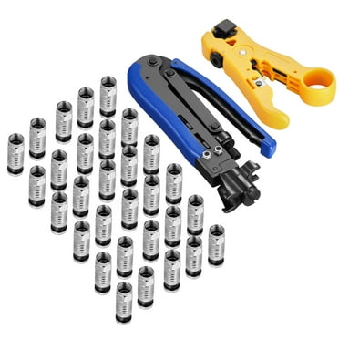 KFFKFF Coaxial Cable Crimping Set, Lightweight and Easy-to-Carry Kit Including a Crimp Tool, Wire Stripping Device, and 30 F-Type RG6 Connectors, Suitable for RG6, RG59, RG11 Coaxial Cables