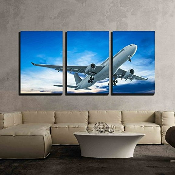 wall26 3 Piece Canvas Wall Art - Commercial Airplane Flying at Sunset - Modern Home Art Stretched and Framed Ready to Hang - 16"x24"x3 Panels