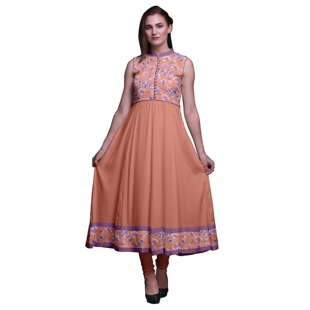 Bimba Robe Anarkali à Col Mandarin pour Femmes Imprimé Floral Pêche Foncé Orange Kurta Ethnique Indienne Grande