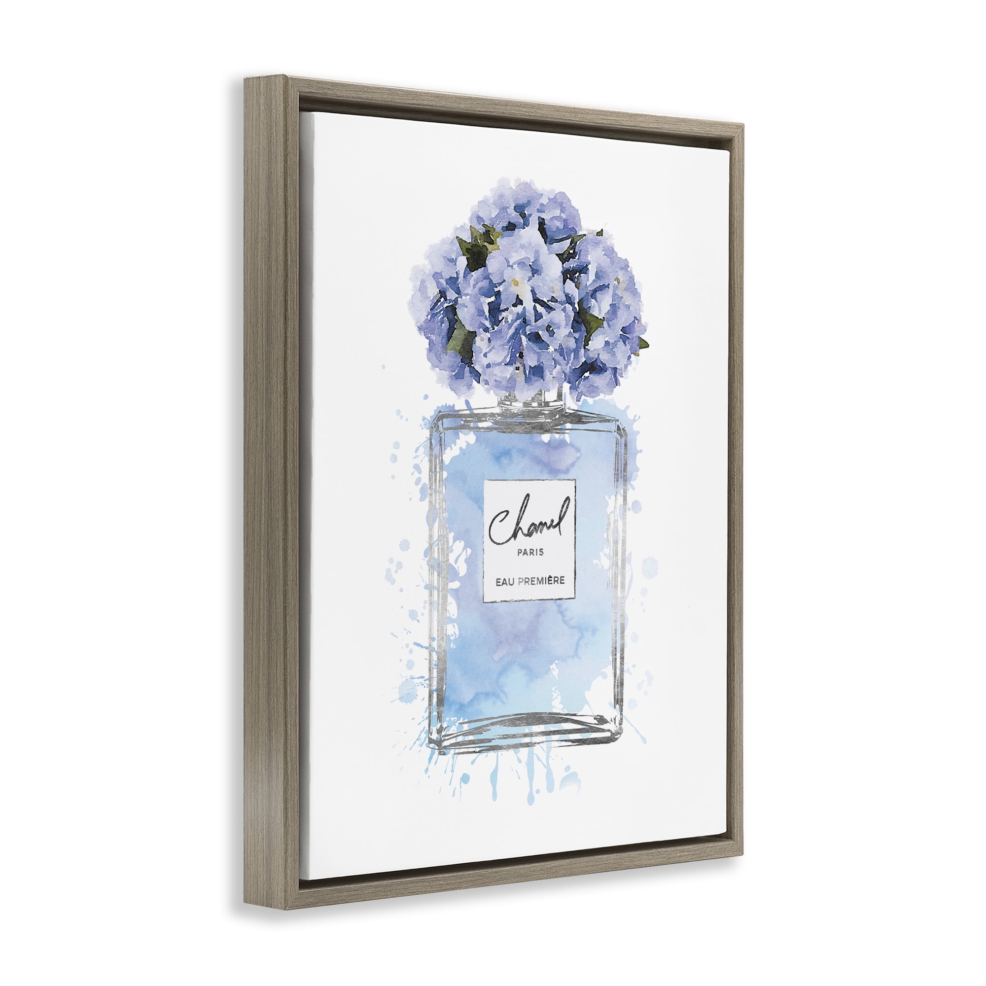 Stupell Industries Blue Flowers Perfume Bottle Beauty & Fashion Painting Brown Floater Framed Canvas Art Print Wall Art, 25 x 31