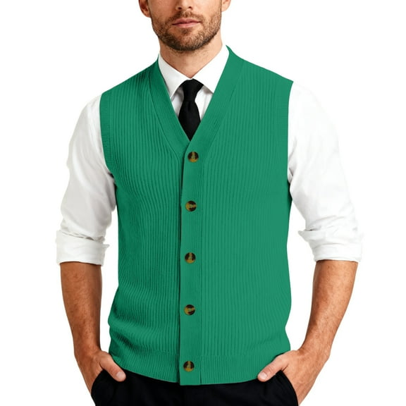 Resicozy Men's Sleeveless Sweater Vest V Neck Casual Knit Button Down Solid Color Cardigan Vest Green XL