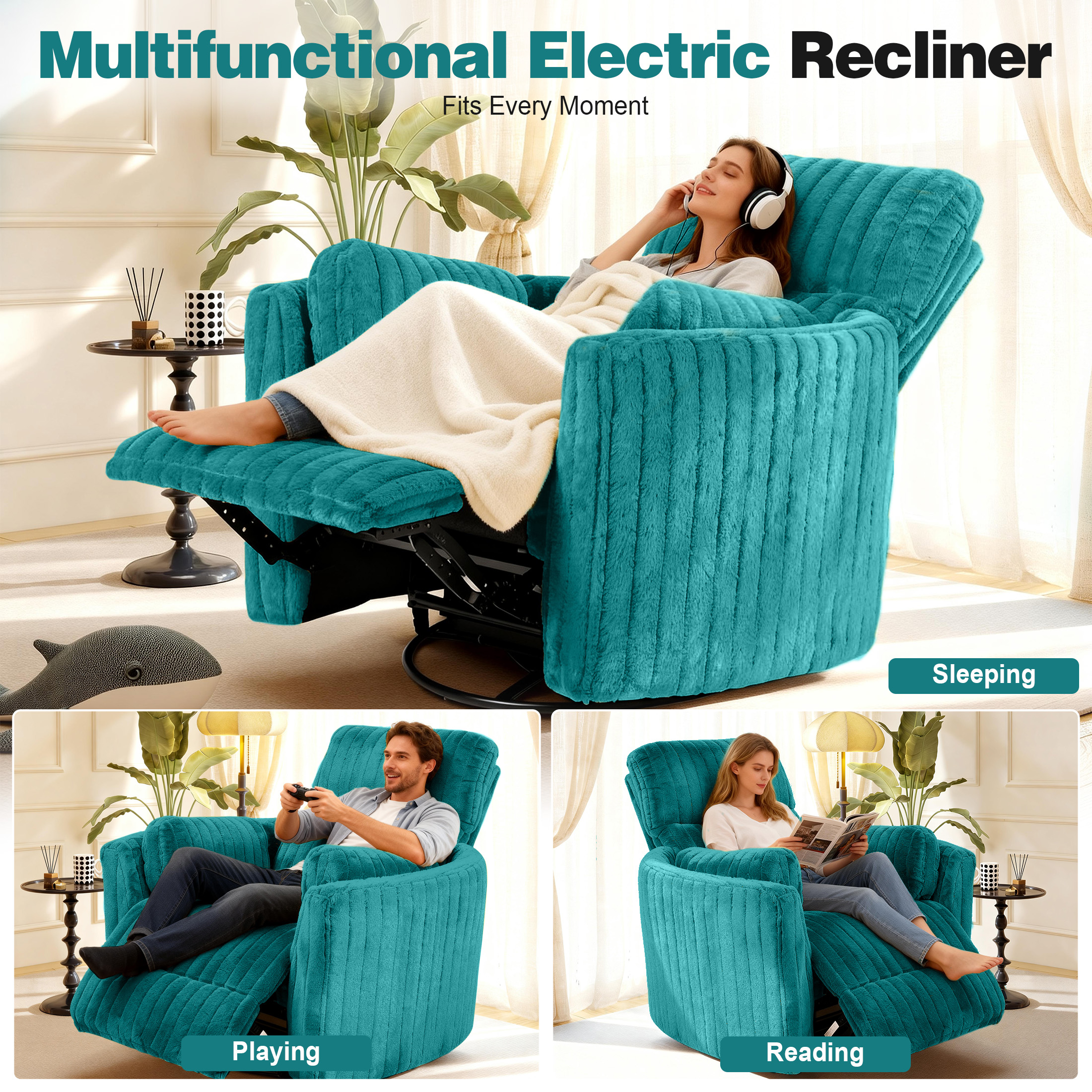 Aukfa Swivel Rocking Glider Power Recliner Chair with 24" Wide Seat & Type-C & USB Ports, Dark Teal