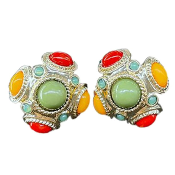 Pendientes de botón con incrustaciones de resina de colores para niñas. Joya de color