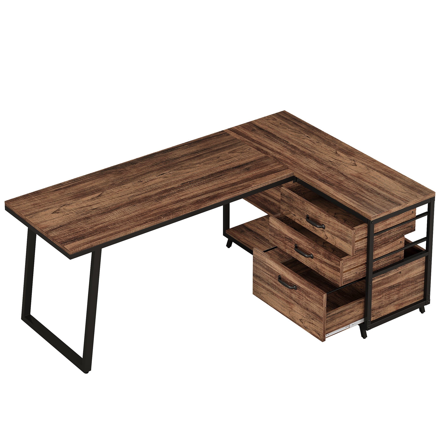 Fnova 53.15" L-shaped Computer Desk with 3 Drawers, Wood Tabletop, Metal Frame Office Desk, Brown