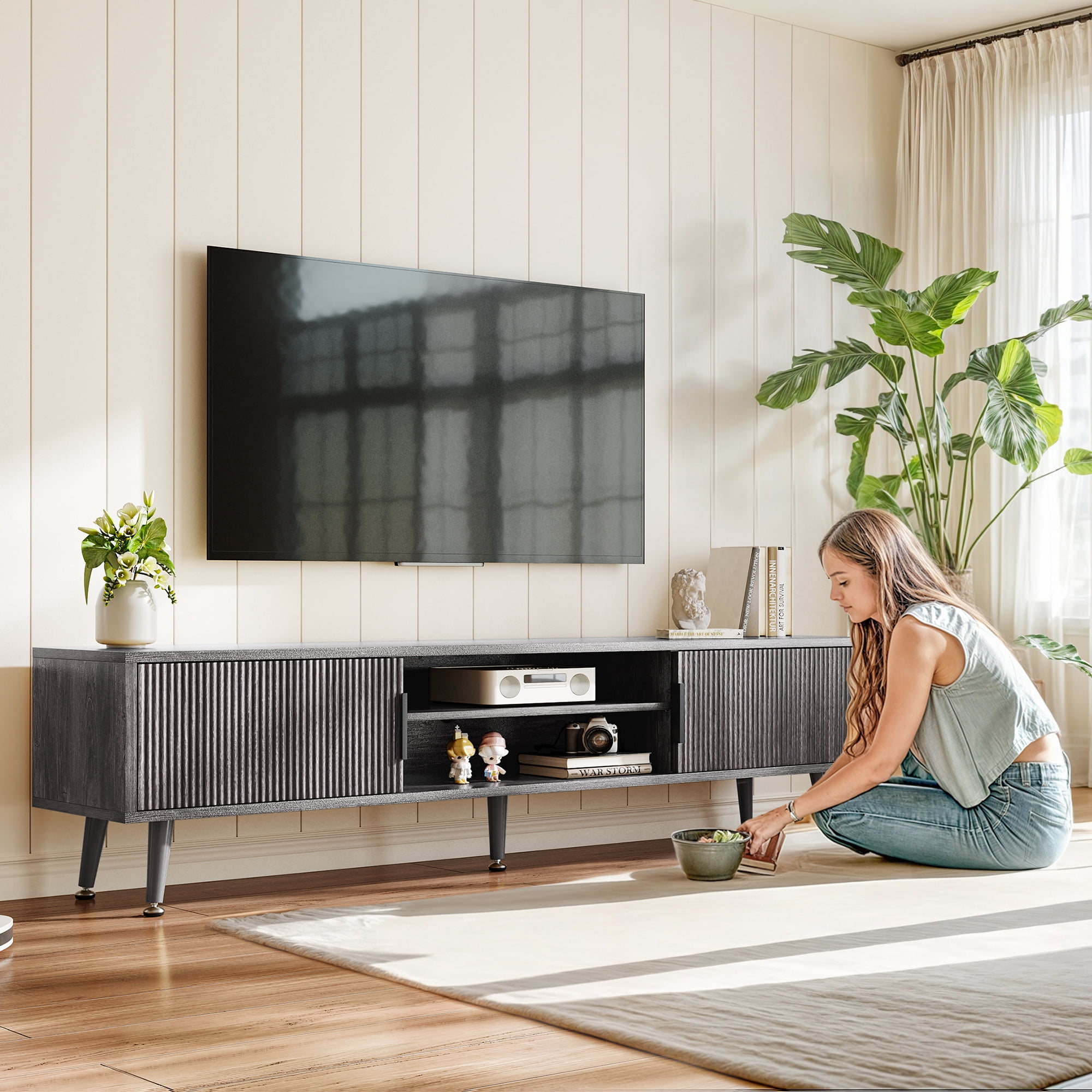 TV Stand for Living Room, Mid Century Modern Entertainment Center for 55/60/65/70 inch TVs, TV Console with Fluted Door Cabinets and Open Shelves, for Bedroom, Living Room, Gray