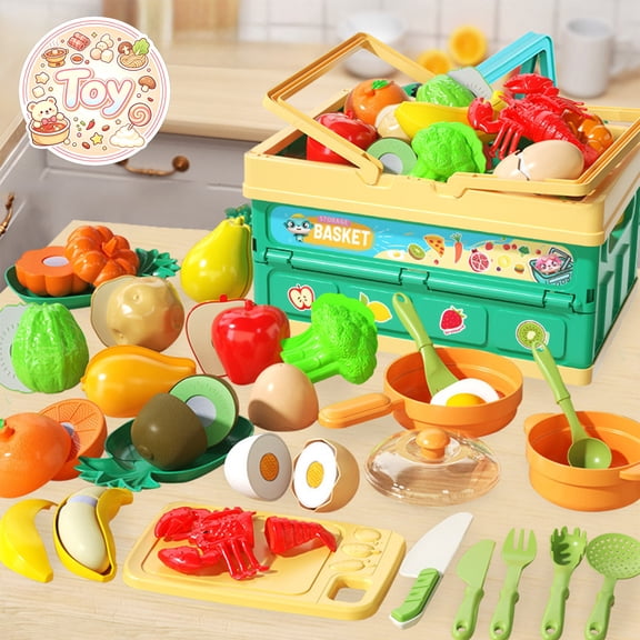 43pcs Cutting Play Food Set, Kitchen Pretend Play Toys with Foldable Storage Basket, Simulated Fruits Vegetables Seafood Cookware, Christmas Birthday Gifts, Toys for Toddler Baby Boys Girls, Age 3