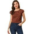 thumbnail image 1 of Unique Bargains Blouse Soyeuse à Manches Courtes pour Femmes Col Rond Plissé Décontracté Élégant, 1 of 5