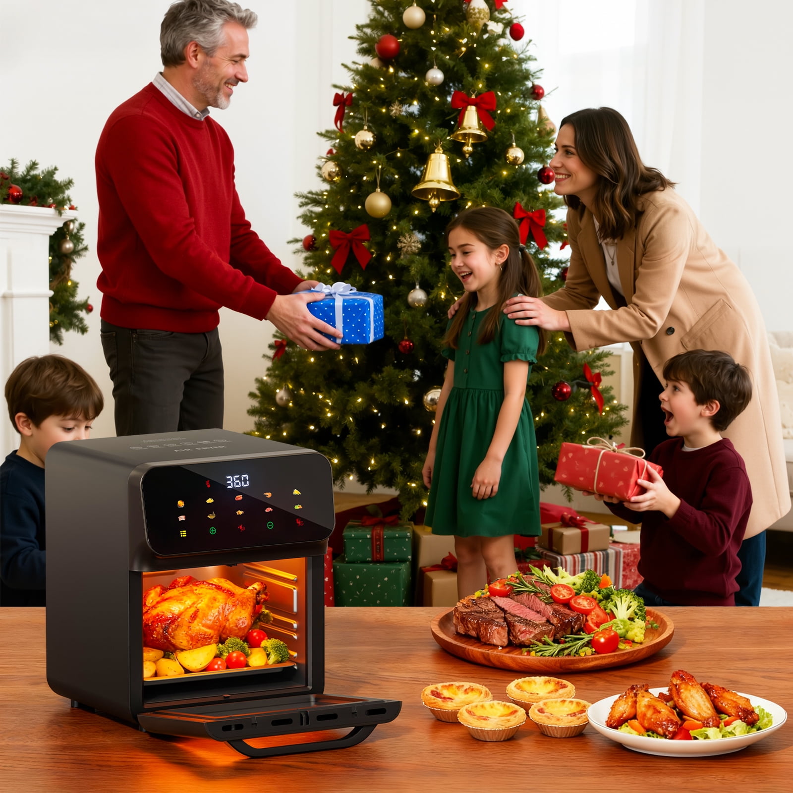 10QT Air Fryer, Toaster Oven with 10 Preset Cooking Mode, Bake, Roast, Reheat, Broiler, Dehydrate, LED Digital Color Display and Visible Window
