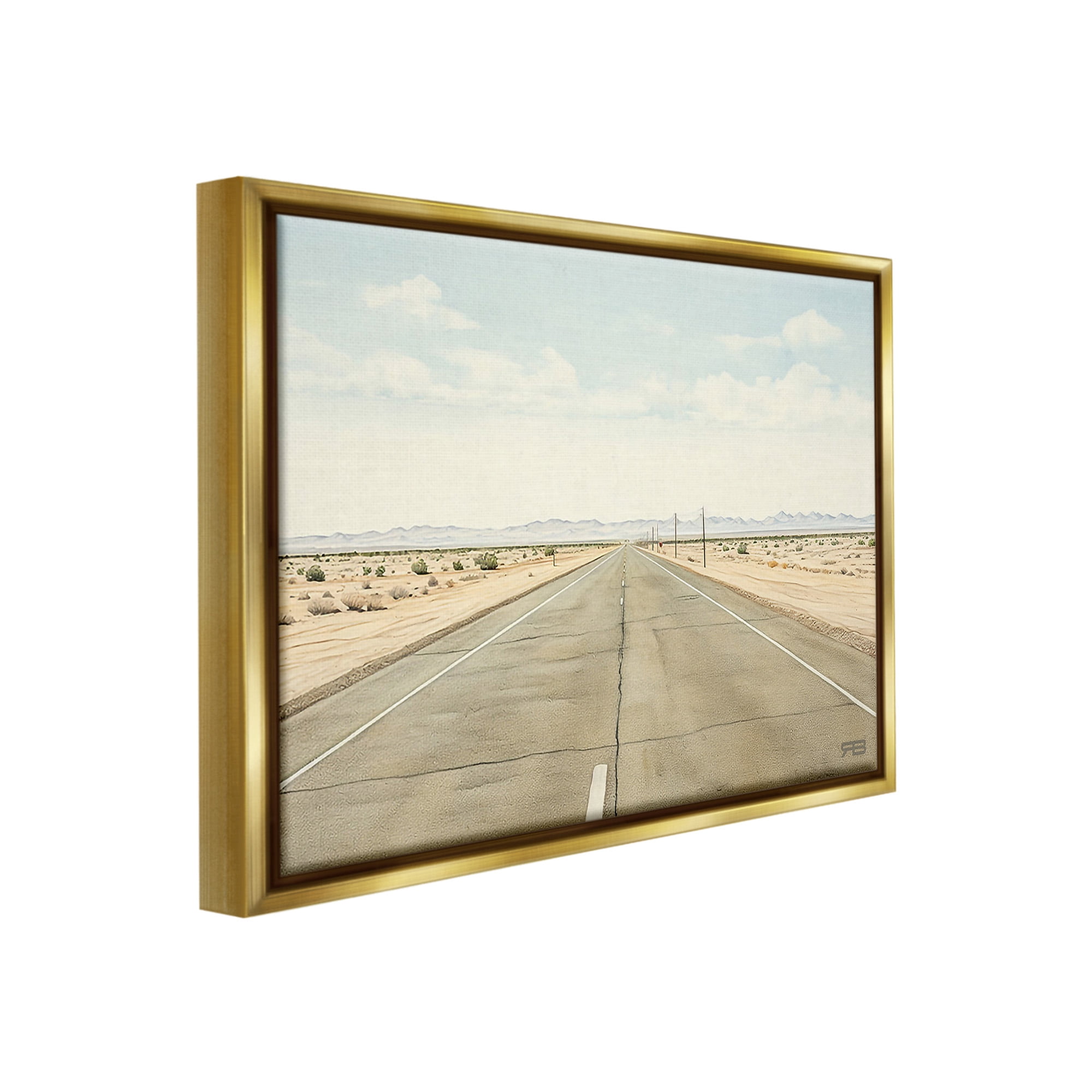 Stupell Industries Scenic Desert Road Landscape Painting Gold Floater Framed Canvas Art Print Wall Art, 31 x 25