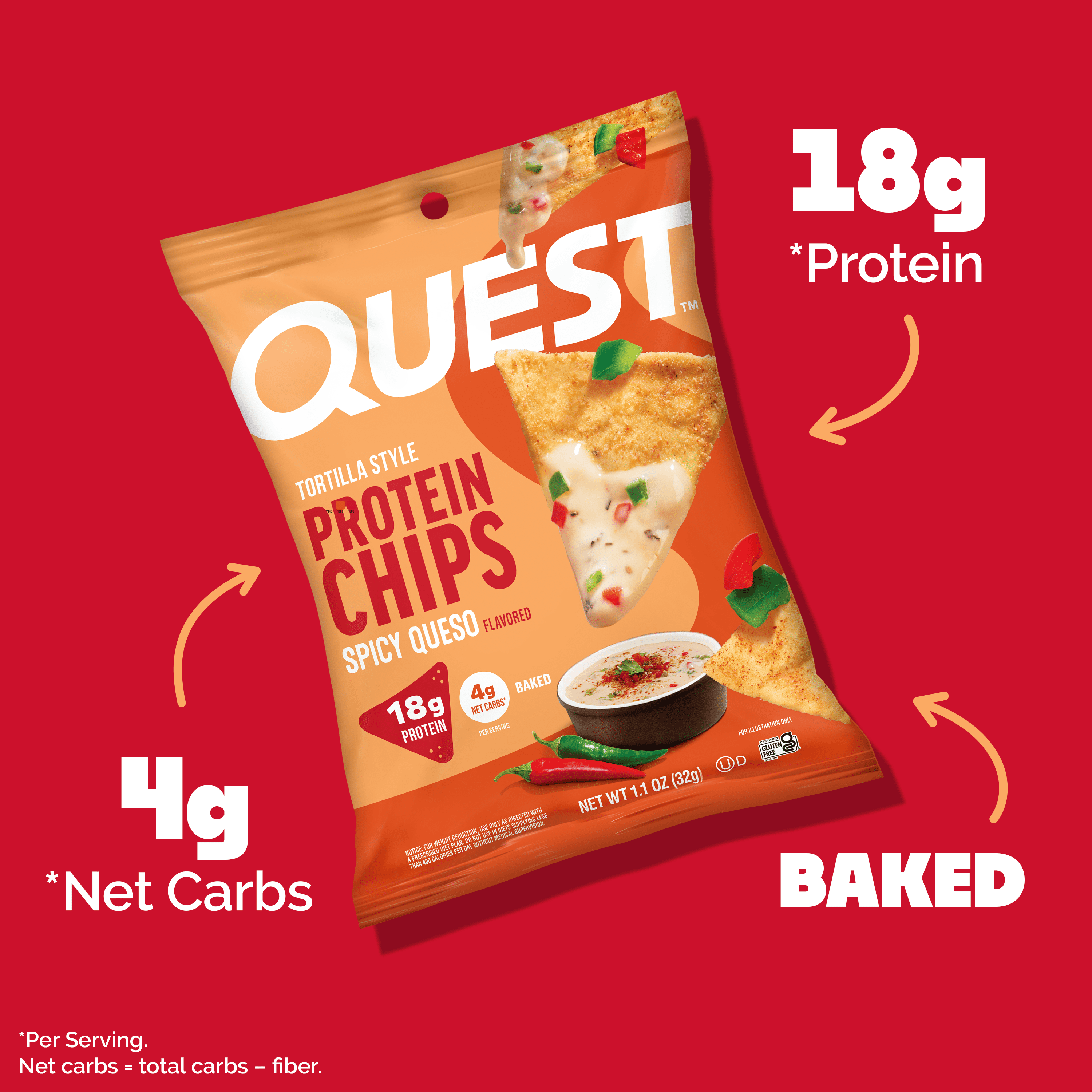 Quest Spicy Queso Flavored Tortilla Style Protein Chips, High Protein*, Low Carb*, Gluten Free, 4 Count