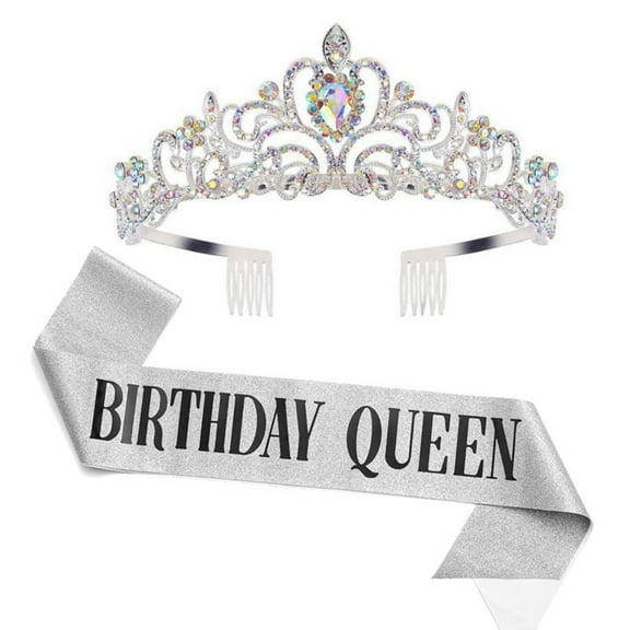 2PCS Birthday Queen Tiaras Crown Set for Women,Girls Princess Crowns headdress with Queen Tiara, Silvery Birth Crown Headband Birth Sash Set for Birthday Prom Weeding Party Decorations