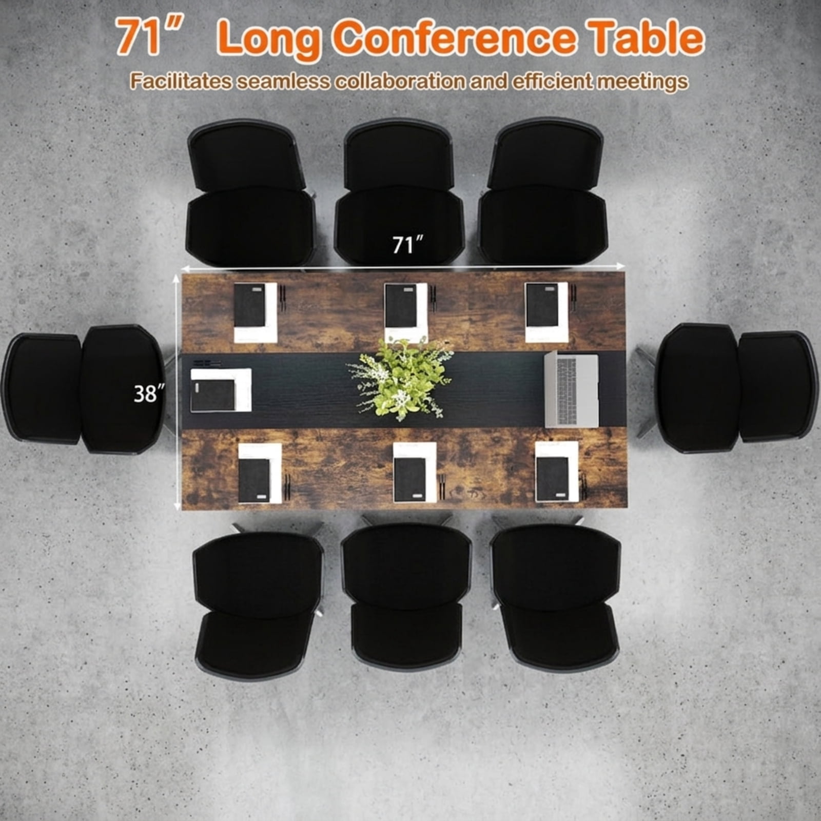 Furnibear Rectangular Conference Meeting Table with Mesh Storage Shelf and Cable Grommet for Office Training Room and Home Desk, Rustic Brown