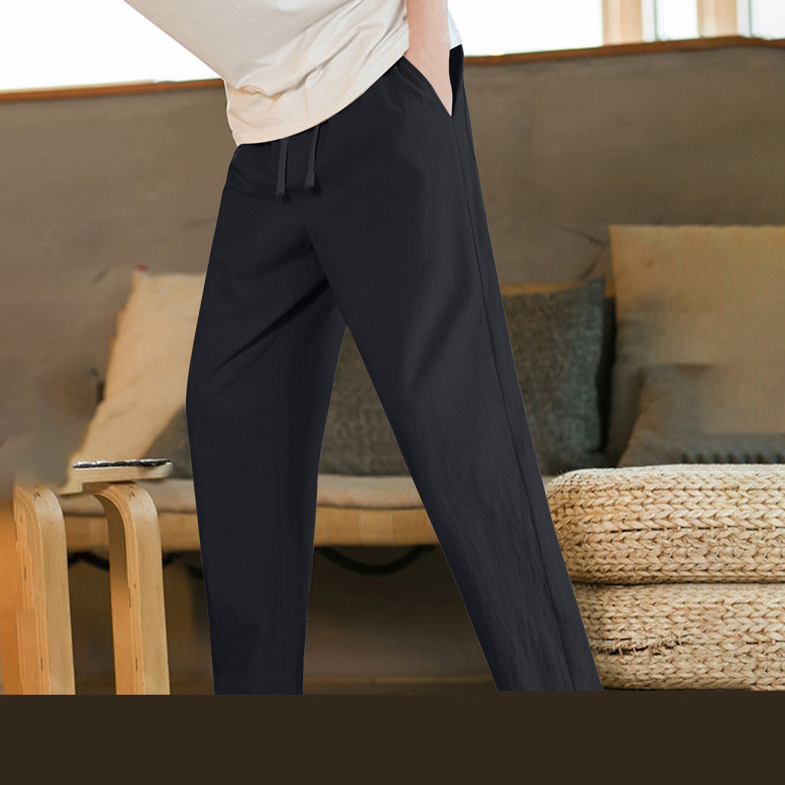 thumbnail image 4 of Aofany Men Pants Men's Cotton Linen Pants Summer Thin Style Casual Straight Leg Tie String Drawstring Long Pants with Pockets, 4 of 5